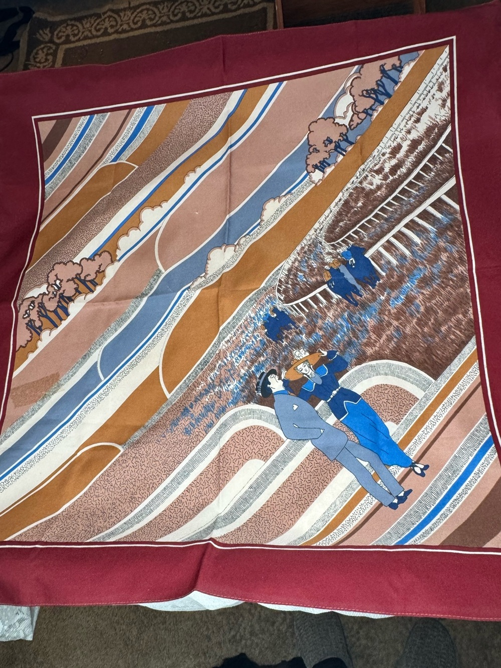 Vintage Scenic Equestrian Scarf Beautiful Red Border Square